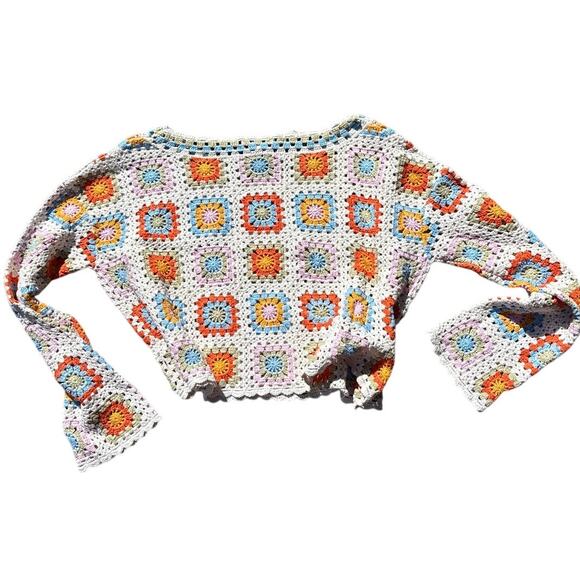 Crochet Cotton Multicolor Granny Square Top Long Sleeve Festival Fall - Picture 5 of 7